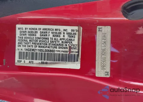 2005 Honda Civic Vp z USA, uszkodzony, nr VIN 1HGEM21165L006860